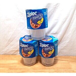 Lot of 3 NEW Ziploc Twist n Loc 2 Medium Round w/Lids 1 Quart Leak Resistant Lid